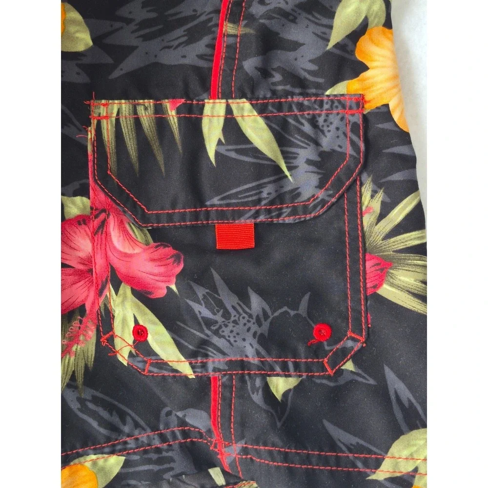 Sand N Sun Tropical Floral Swim Trunks Mens‎ Size M Black Hawaiian Board Shorts